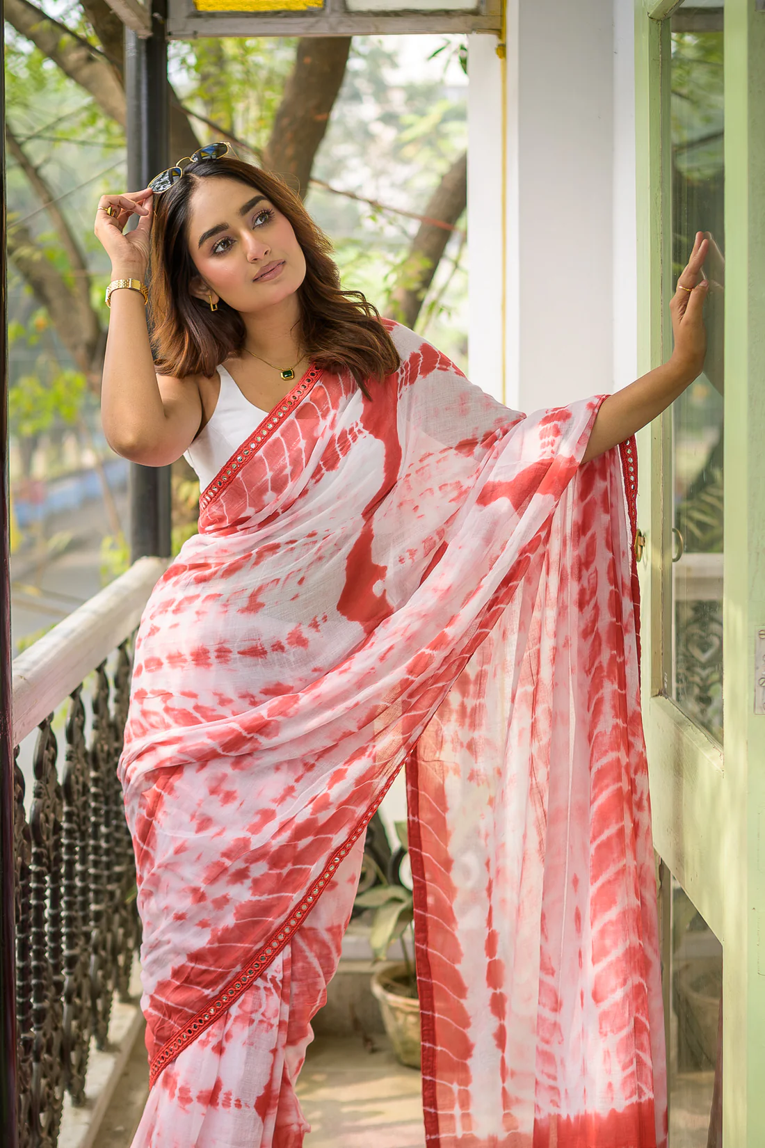 Red Tie Dye Mulmul Cotton Saree